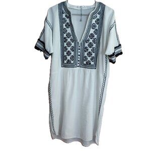Mango MNG Women’s Boho Coastal Cowgirl Dress White Black Embroidery US SZ 6 EU M